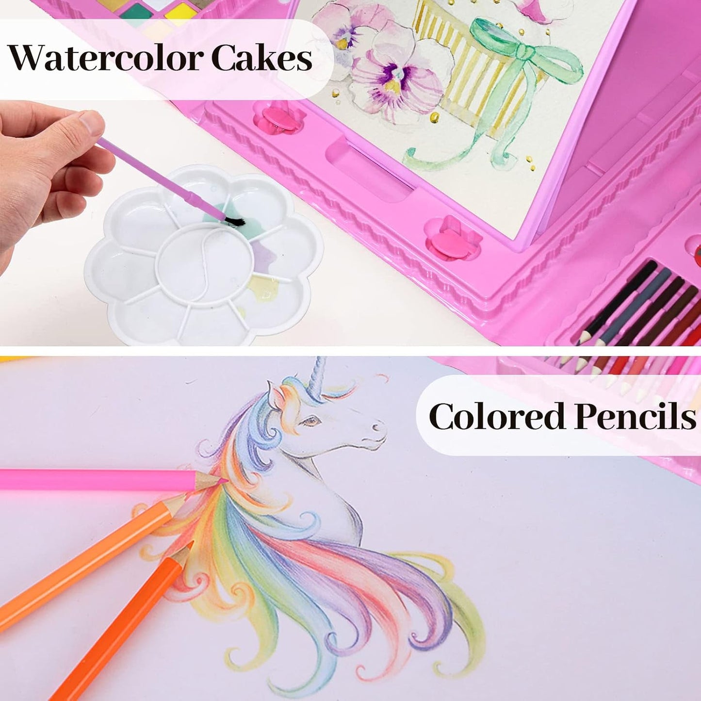 Art Supplies, 208 Pack Drawing Art kit Gifts Art Set for Girls Boys Beginners, Deluxe Art Case Gift with Double Sided Trifold Easel, Oil Pastels, Crayons, Colored Pencils, Watercolor Cakes (Pink)
