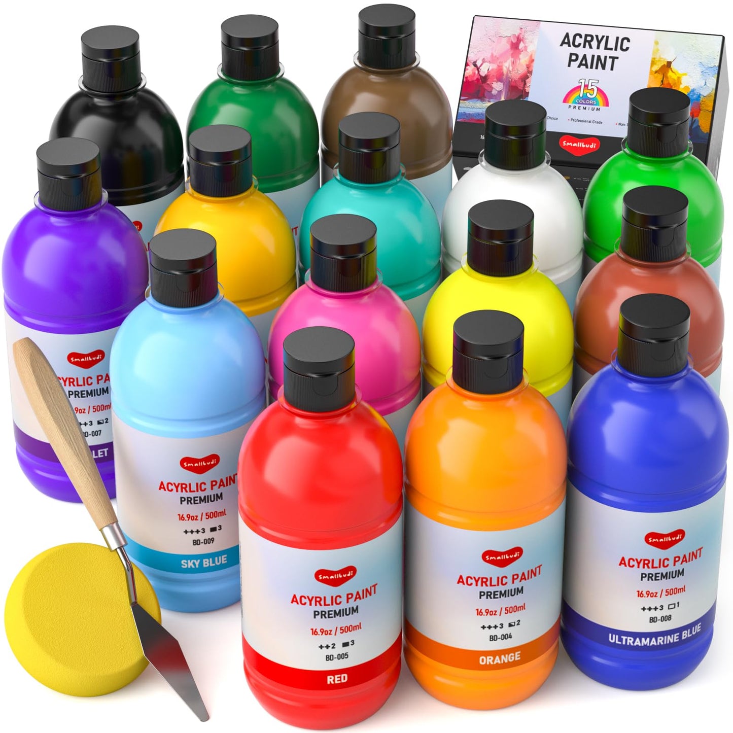 15 Colors Large Acrylic Paint Set (16.9 oz,500 ml), Bulk Acrylic Paint Non-Toxic Art Painting Supplies on Multi Surface Canvas Wood Craft Fabric Rock for Artist Beginner with Color Wheel