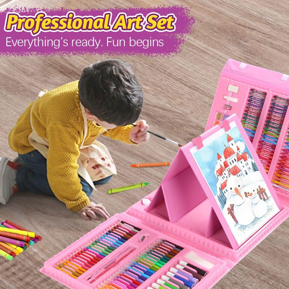 Art Supplies, 208 Pack Drawing Art kit Gifts Art Set for Girls Boys Beginners, Deluxe Art Case Gift with Double Sided Trifold Easel, Oil Pastels, Crayons, Colored Pencils, Watercolor Cakes (Pink)