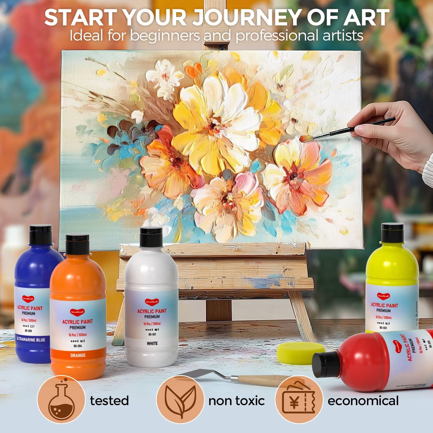 15 Colors Large Acrylic Paint Set (16.9 oz,500 ml), Bulk Acrylic Paint Non-Toxic Art Painting Supplies on Multi Surface Canvas Wood Craft Fabric Rock for Artist Beginner with Color Wheel