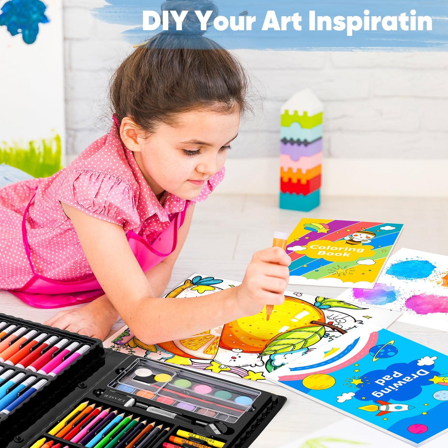 iBayam Art Supplies, 149-Pack Drawing Kit Painting Art Set Art Kits Gifts Box, Arts and Crafts for Kids Girls Boys, with Coloring Book, Crayons, Pastels, Pencils, Watercolor Pens (Pink)
