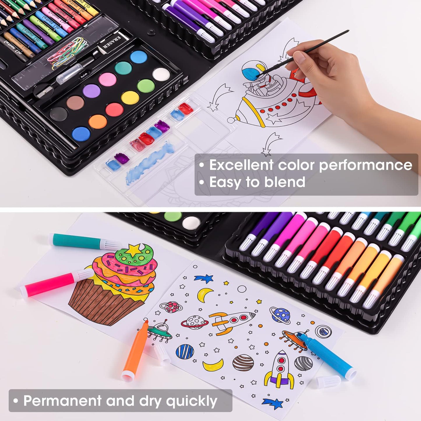 2 Pack Art Kit, Vigorfun Drawing Painting Art Supplies for Kids Girls Boys Teens, Gifts Art Set Case Includes Oil Pastels, Crayons, Colored Pencils, Watercolor Cakes (Black)
