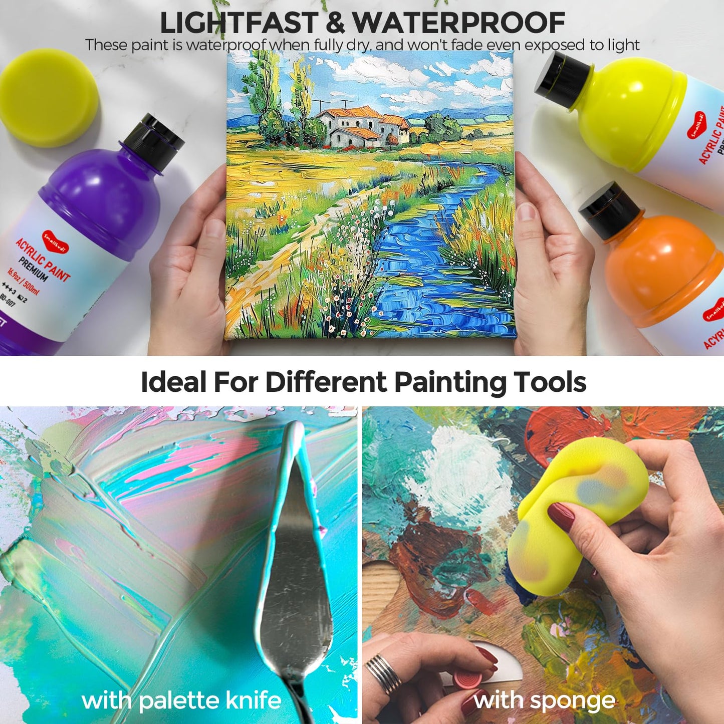 15 Colors Large Acrylic Paint Set (16.9 oz,500 ml), Bulk Acrylic Paint Non-Toxic Art Painting Supplies on Multi Surface Canvas Wood Craft Fabric Rock for Artist Beginner with Color Wheel