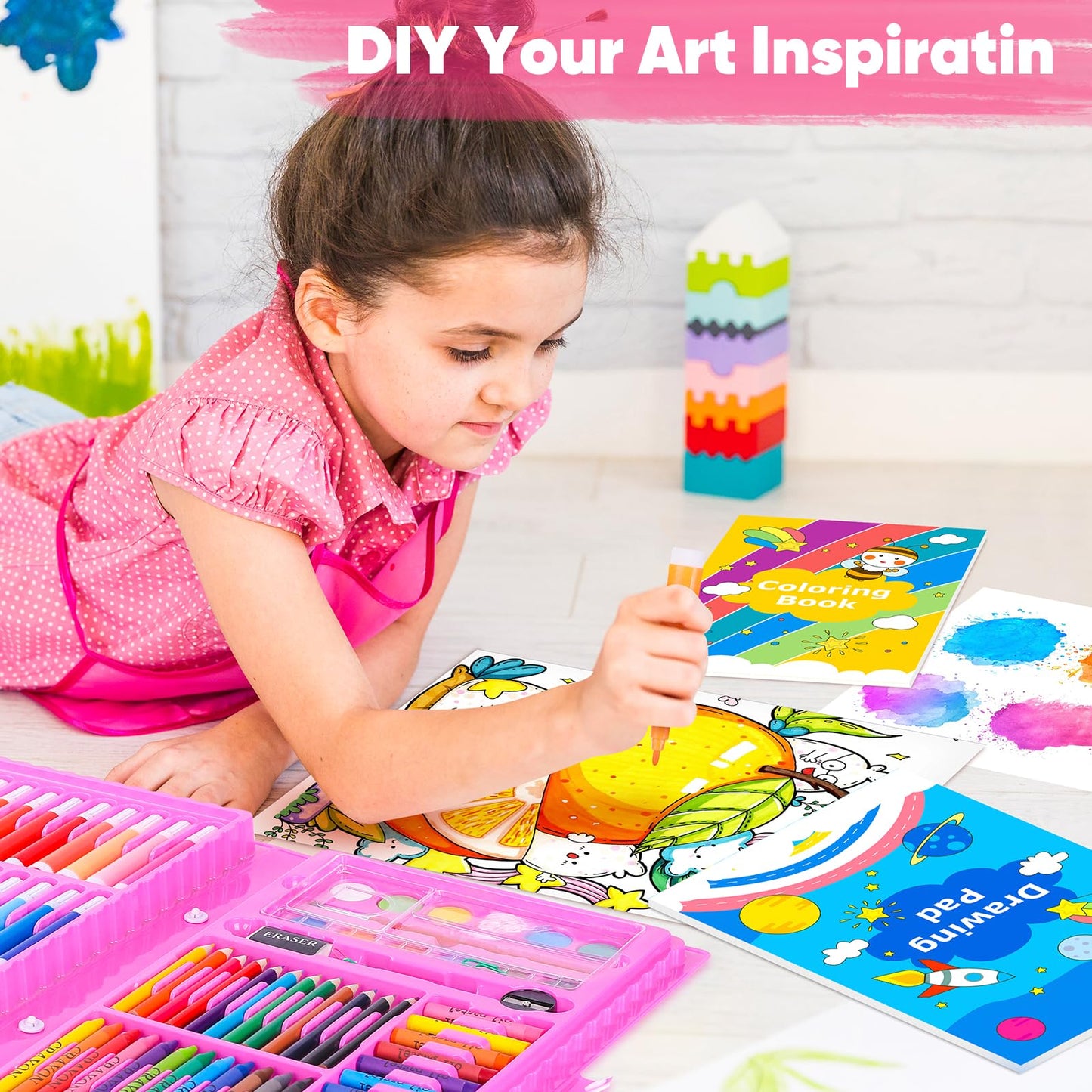 iBayam Art Supplies, 149-Pack Drawing Kit Painting Art Set Art Kits Gifts Box, Arts and Crafts for Kids Girls Boys, with Coloring Book, Crayons, Pastels, Pencils, Watercolor Pens (Pink)