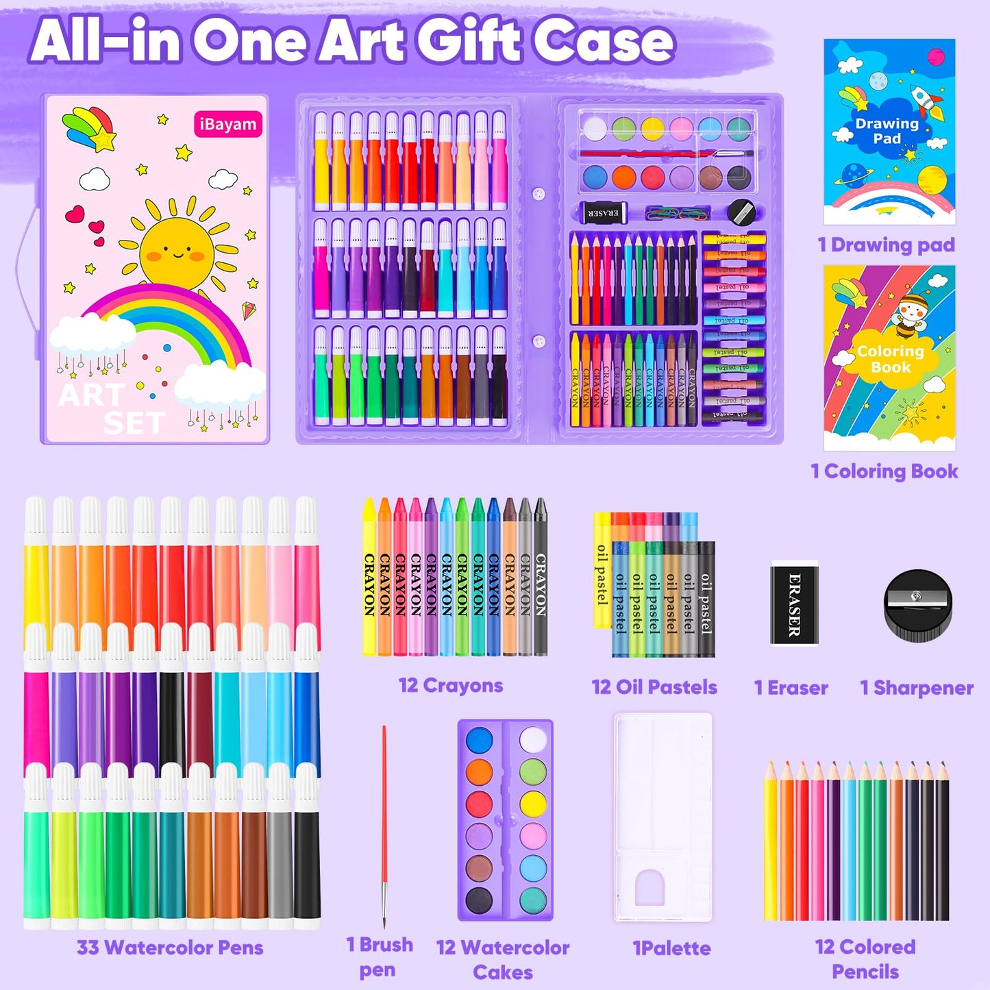 iBayam Art Supplies, 149-Pack Drawing Kit Painting Art Set Art Kits Gifts Box, Arts and Crafts for Kids Girls Boys, with Coloring Book, Crayons, Pastels, Pencils, Watercolor Pens (Pink)