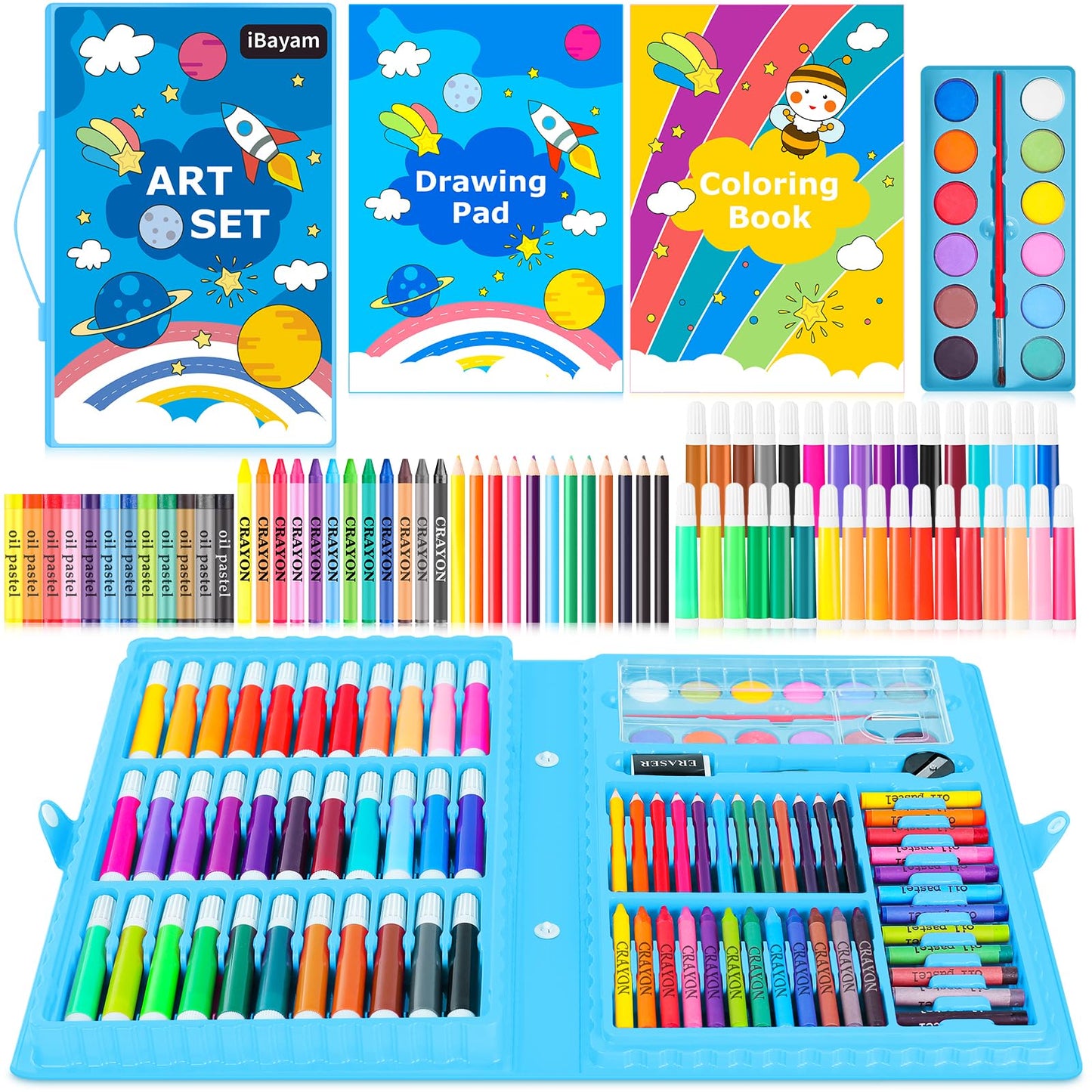 iBayam Art Supplies, 149-Pack Drawing Kit Painting Art Set Art Kits Gifts Box, Arts and Crafts for Kids Girls Boys, with Coloring Book, Crayons, Pastels, Pencils, Watercolor Pens (Pink)