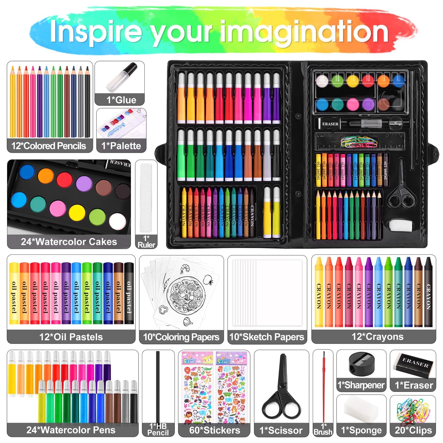 2 Pack Art Kit, Vigorfun Drawing Painting Art Supplies for Kids Girls Boys Teens, Gifts Art Set Case Includes Oil Pastels, Crayons, Colored Pencils, Watercolor Cakes (Black)