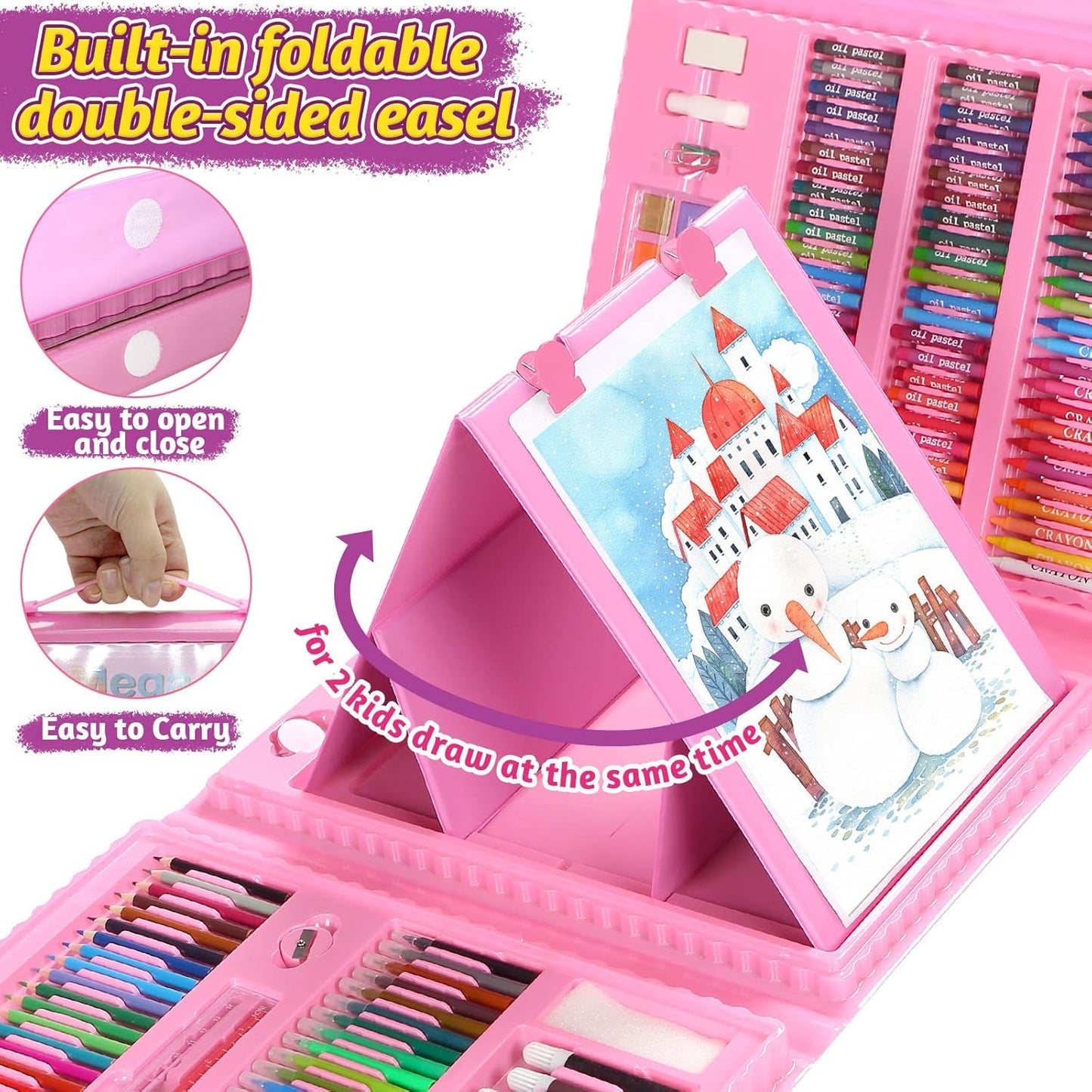 Art Supplies, 208 Pack Drawing Art kit Gifts Art Set for Girls Boys Beginners, Deluxe Art Case Gift with Double Sided Trifold Easel, Oil Pastels, Crayons, Colored Pencils, Watercolor Cakes (Pink)