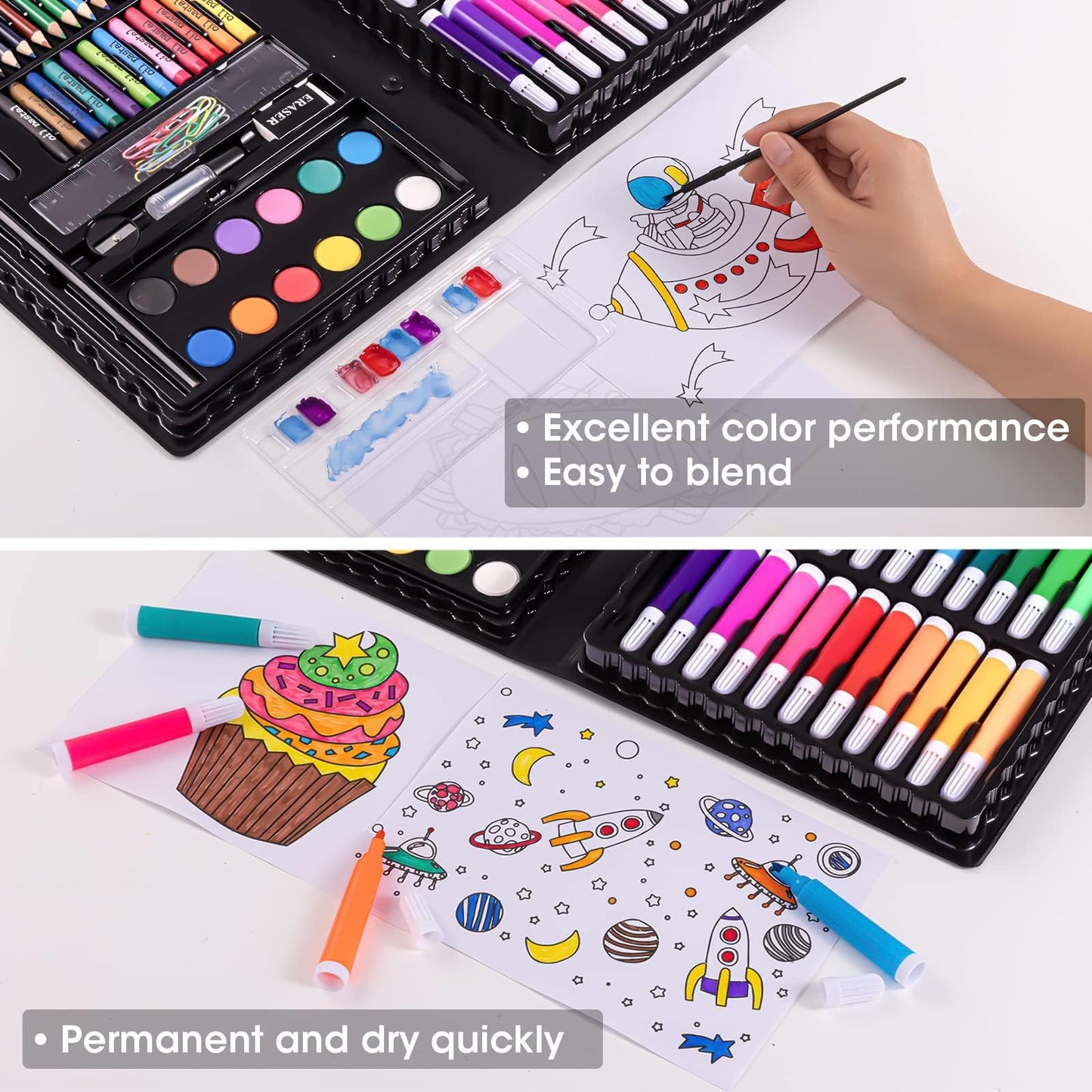 2 Pack Art Kit, Vigorfun Drawing Painting Art Supplies for Kids Girls Boys Teens, Gifts Art Set Case Includes Oil Pastels, Crayons, Colored Pencils, Watercolor Cakes (Black)