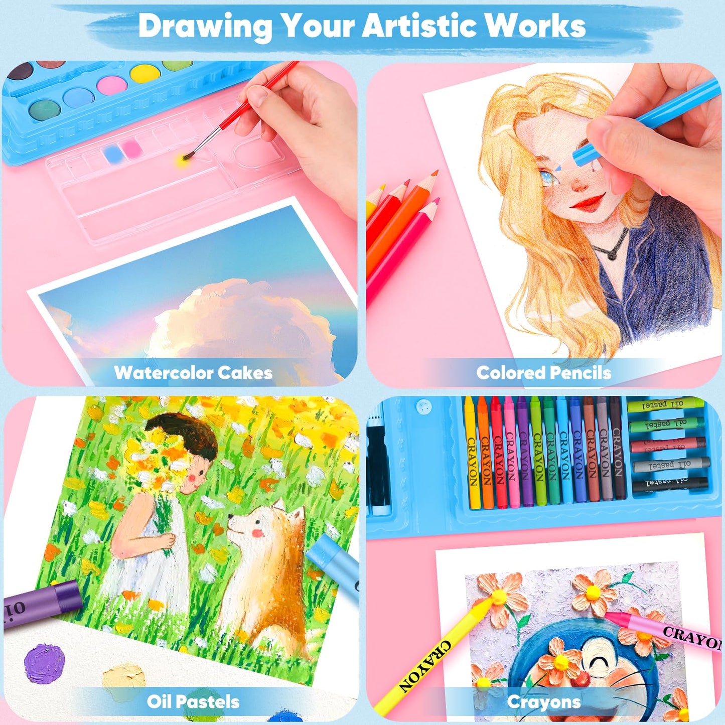 iBayam Art Supplies, 149-Pack Drawing Kit Painting Art Set Art Kits Gifts Box, Arts and Crafts for Kids Girls Boys, with Coloring Book, Crayons, Pastels, Pencils, Watercolor Pens (Pink)