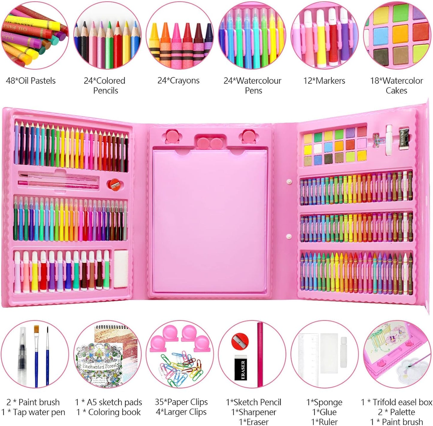 Art Supplies, 208 Pack Drawing Art kit Gifts Art Set for Girls Boys Beginners, Deluxe Art Case Gift with Double Sided Trifold Easel, Oil Pastels, Crayons, Colored Pencils, Watercolor Cakes (Pink)