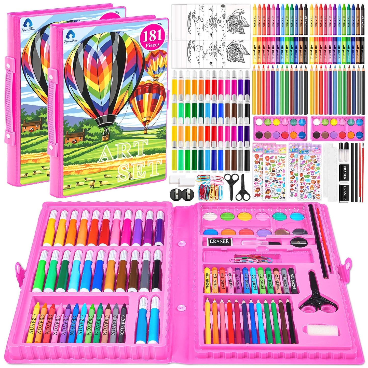 2 Pack Art Kit, Vigorfun Drawing Painting Art Supplies for Kids Girls Boys Teens, Gifts Art Set Case Includes Oil Pastels, Crayons, Colored Pencils, Watercolor Cakes (Black)