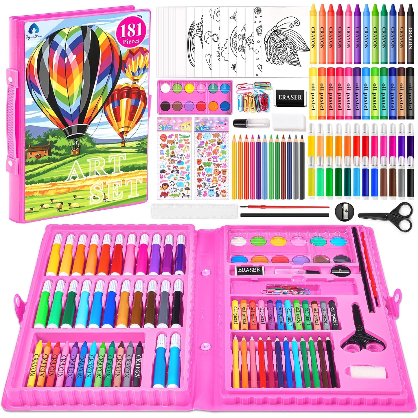 2 Pack Art Kit, Vigorfun Drawing Painting Art Supplies for Kids Girls Boys Teens, Gifts Art Set Case Includes Oil Pastels, Crayons, Colored Pencils, Watercolor Cakes (Black)
