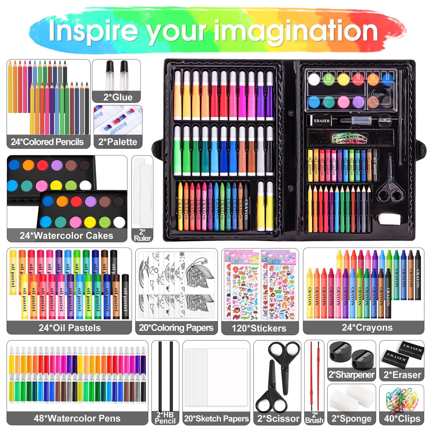 2 Pack Art Kit, Vigorfun Drawing Painting Art Supplies for Kids Girls Boys Teens, Gifts Art Set Case Includes Oil Pastels, Crayons, Colored Pencils, Watercolor Cakes (Black)