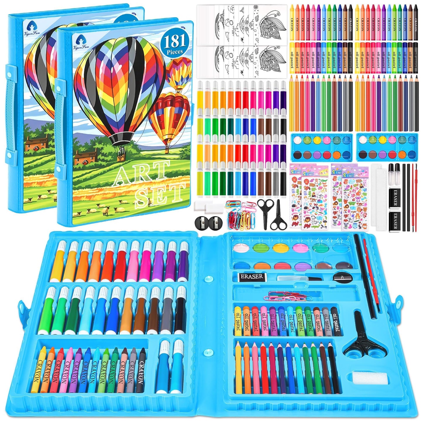2 Pack Art Kit, Vigorfun Drawing Painting Art Supplies for Kids Girls Boys Teens, Gifts Art Set Case Includes Oil Pastels, Crayons, Colored Pencils, Watercolor Cakes (Black)
