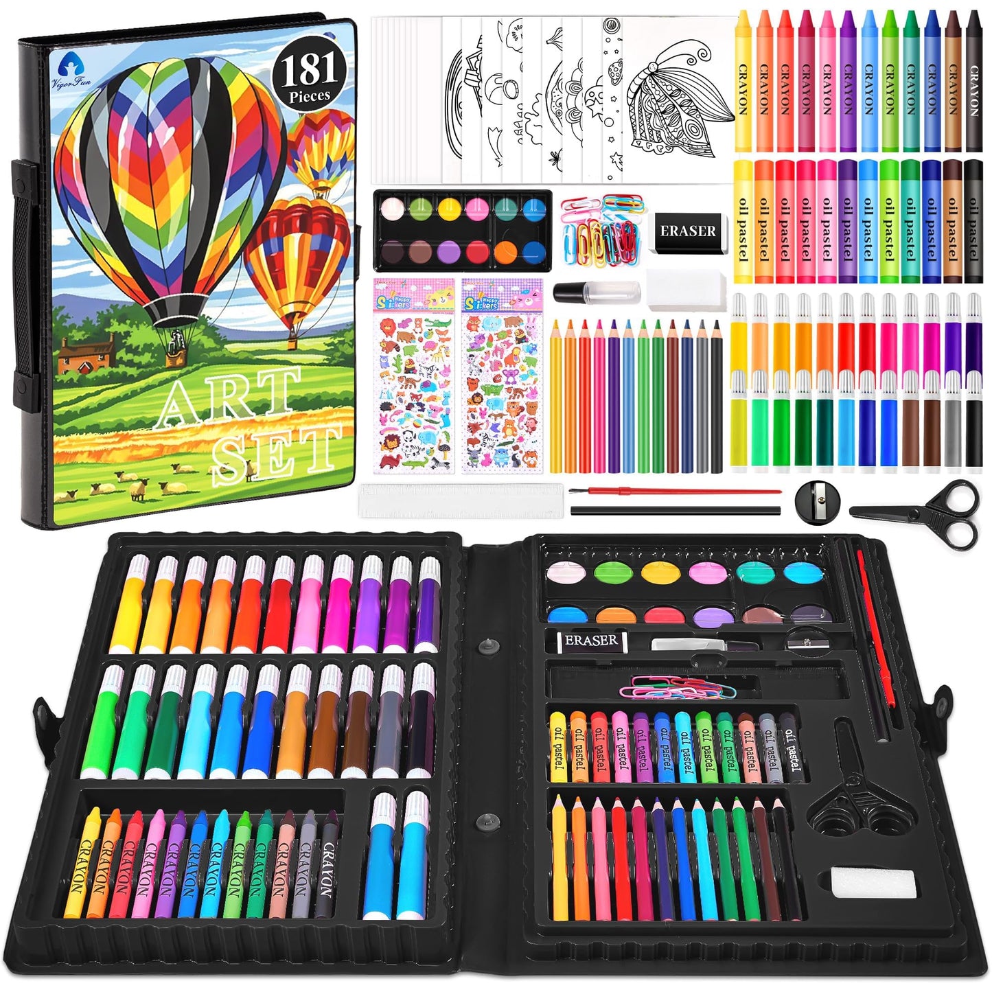 2 Pack Art Kit, Vigorfun Drawing Painting Art Supplies for Kids Girls Boys Teens, Gifts Art Set Case Includes Oil Pastels, Crayons, Colored Pencils, Watercolor Cakes (Black)