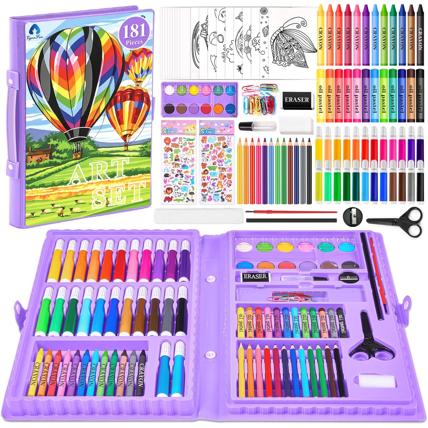 2 Pack Art Kit, Vigorfun Drawing Painting Art Supplies for Kids Girls Boys Teens, Gifts Art Set Case Includes Oil Pastels, Crayons, Colored Pencils, Watercolor Cakes (Black)