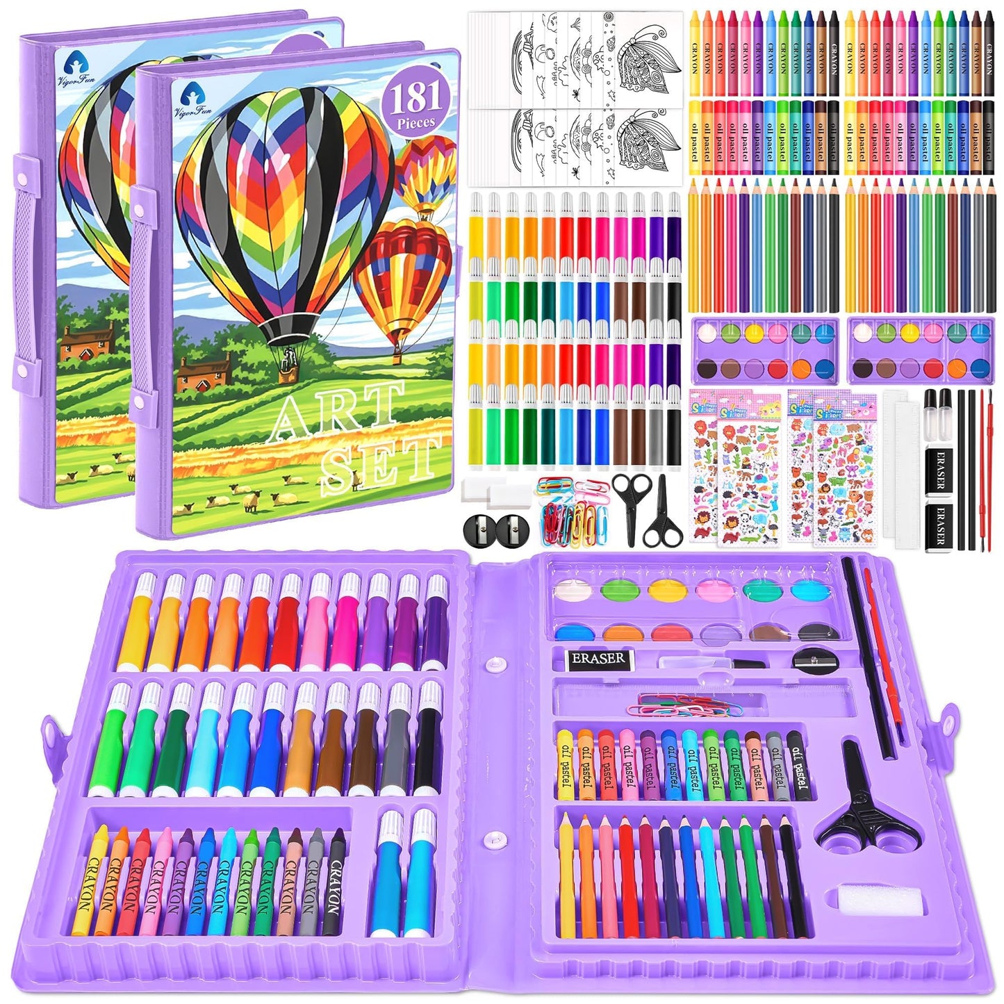 2 Pack Art Kit, Vigorfun Drawing Painting Art Supplies for Kids Girls Boys Teens, Gifts Art Set Case Includes Oil Pastels, Crayons, Colored Pencils, Watercolor Cakes (Black)