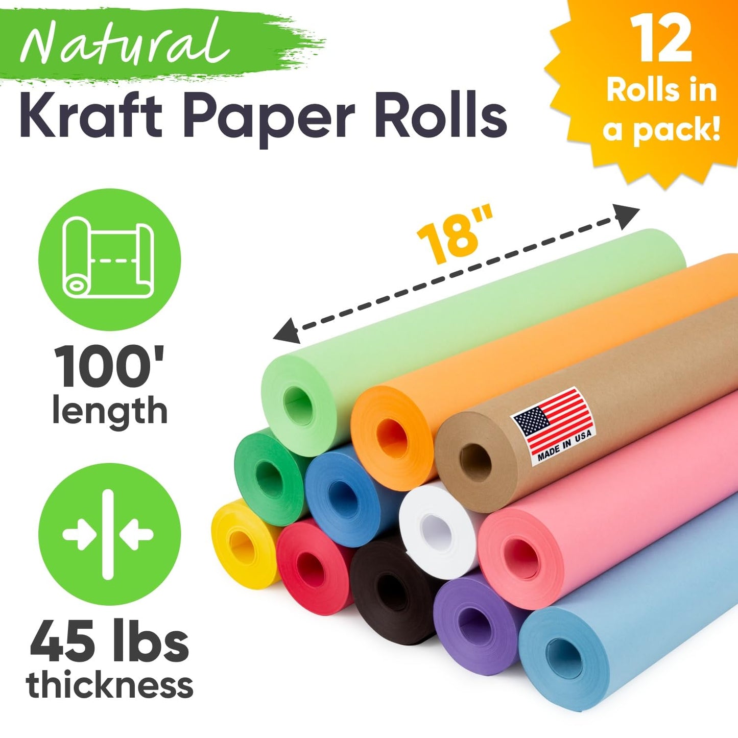 12" x 1200" (100 ft) USA Made Multi-Color Kraft Paper Rolls Set, 45 lbs, 12 Rolls – Colored Kraft Paper for Packing, Arts and Crafts, DIY Projects, Gift Wrapping