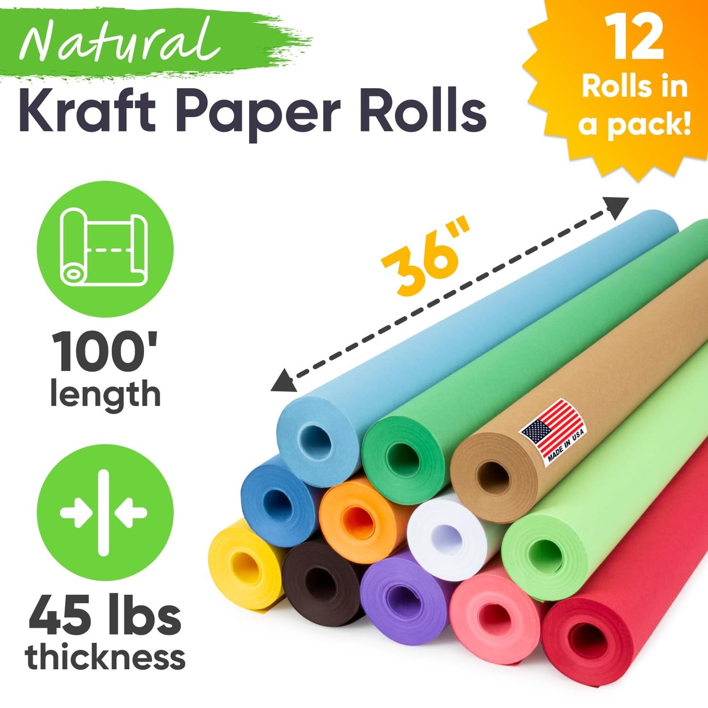 12" x 1200" (100 ft) USA Made Multi-Color Kraft Paper Rolls Set, 45 lbs, 12 Rolls – Colored Kraft Paper for Packing, Arts and Crafts, DIY Projects, Gift Wrapping
