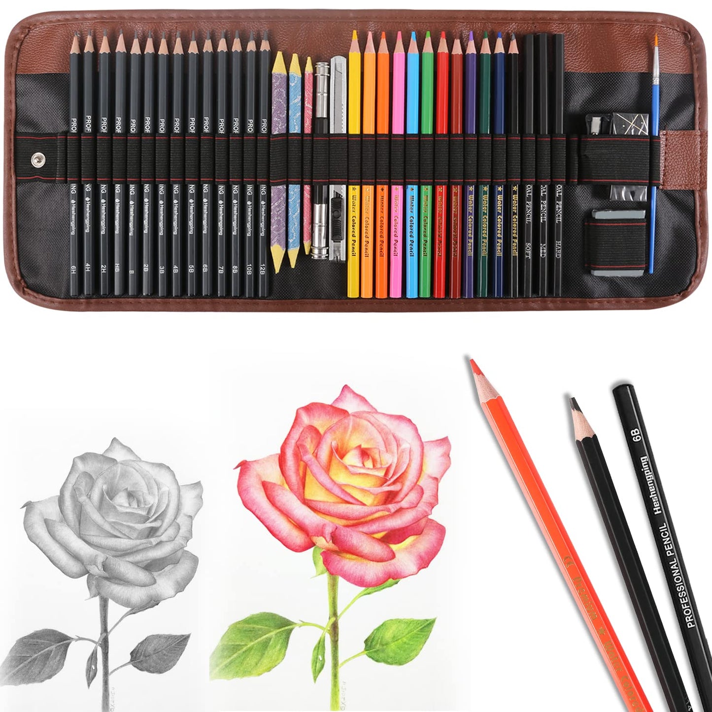 Heshengping, Sketching Pencil Set Drawing Pen Charcoal Sketch Kit Cover Graphite Pencils Charcoal Pencils Watercolor Pencils Paper Erasable Pen Beginners Artist Children and Adults(39pcs Art Supplies)
