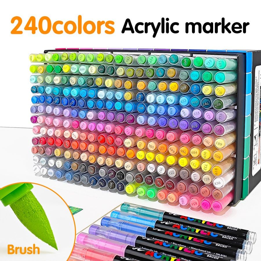 Guangna 168 Acrylic Paint Markers, Brush Tip Acrylic Paint Pens, Quick-Drying Waterproof Ink, for Rock Painting Plastic Wood Canvas Glass Ceramic Metal Art Crafts Supplies Gift