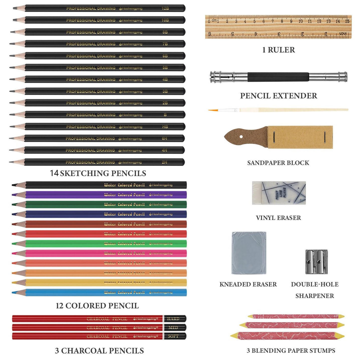 Heshengping, Sketching Pencil Set Drawing Pen Charcoal Sketch Kit Cover Graphite Pencils Charcoal Pencils Watercolor Pencils Paper Erasable Pen Beginners Artist Children and Adults(39pcs Art Supplies)