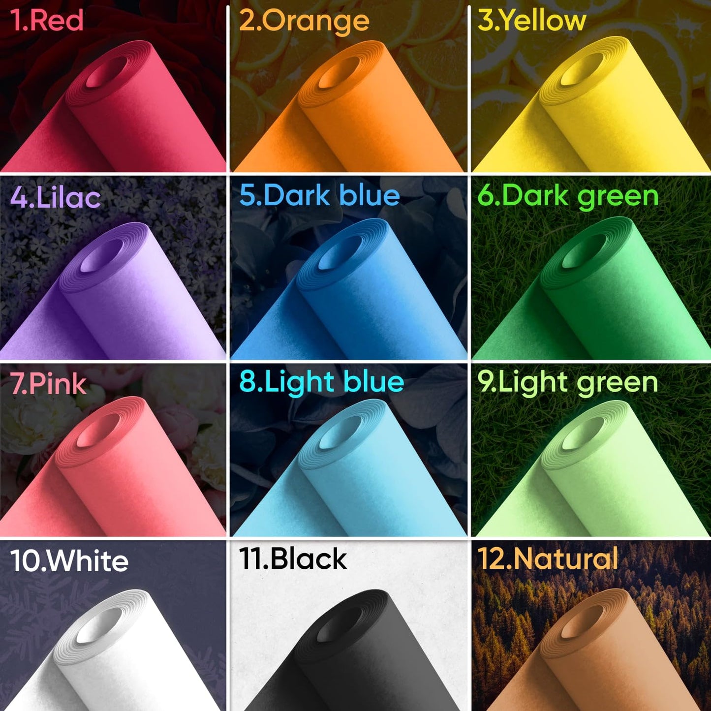 12" x 1200" (100 ft) USA Made Multi-Color Kraft Paper Rolls Set, 45 lbs, 12 Rolls – Colored Kraft Paper for Packing, Arts and Crafts, DIY Projects, Gift Wrapping