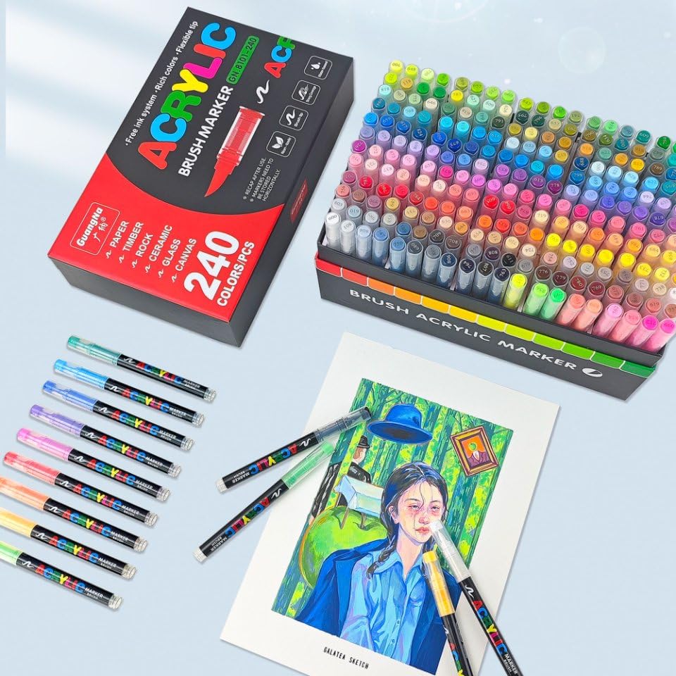 Guangna 168 Acrylic Paint Markers, Brush Tip Acrylic Paint Pens, Quick-Drying Waterproof Ink, for Rock Painting Plastic Wood Canvas Glass Ceramic Metal Art Crafts Supplies Gift