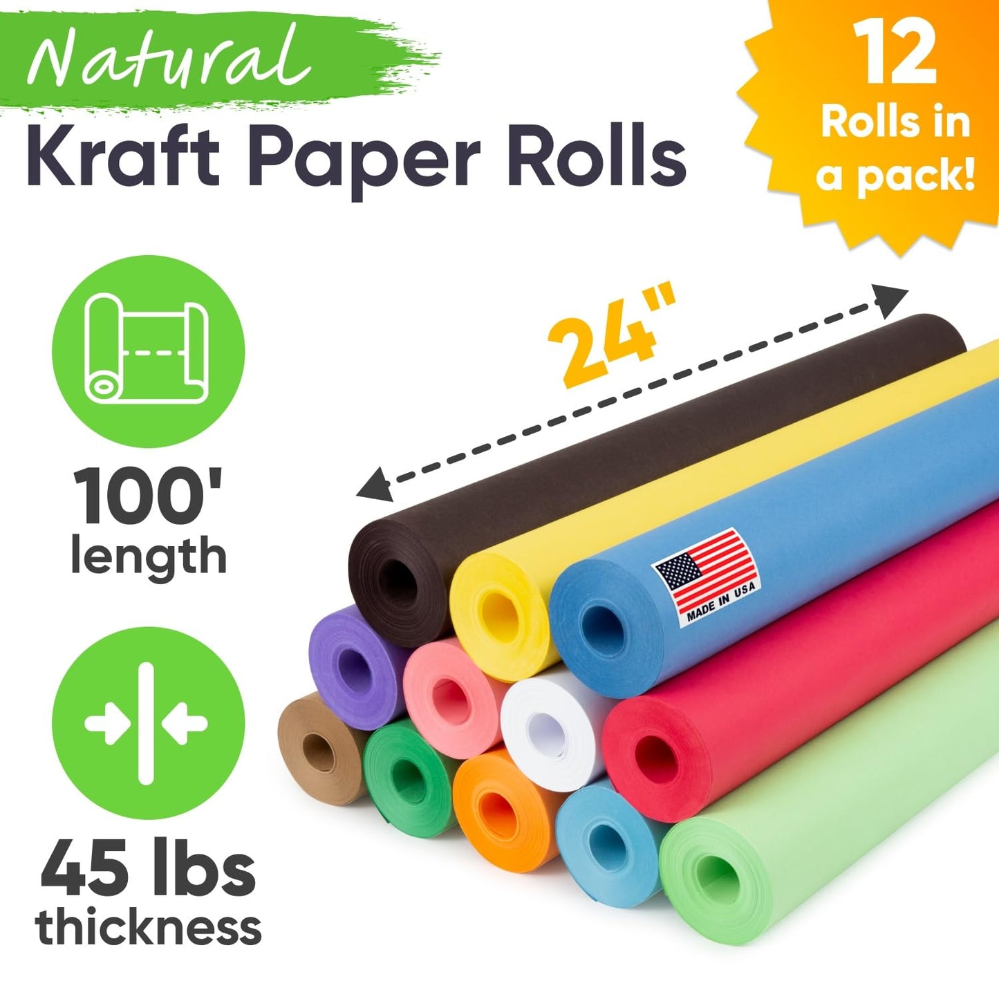 12" x 1200" (100 ft) USA Made Multi-Color Kraft Paper Rolls Set, 45 lbs, 12 Rolls – Colored Kraft Paper for Packing, Arts and Crafts, DIY Projects, Gift Wrapping