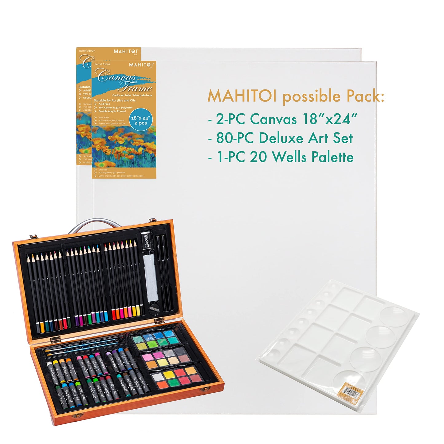 US 80+Piece Deluxe Artist Studio Creativity Set Wood Box Case - Art Painting, Sketching Drawing Set, 24 Watercolor Paint Colors, 24 Oil Pastels, 24 Colored Pencils, 2 Brushes, Starter Kit