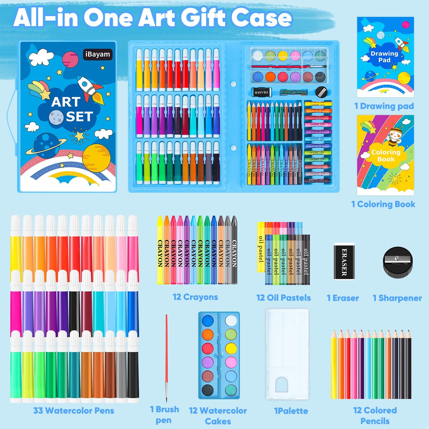 iBayam Art Supplies, 149-Pack Drawing Kit Painting Art Set Art Kits Gifts Box, Arts and Crafts for Kids Girls Boys, with Coloring Book, Crayons, Pastels, Pencils, Watercolor Pens (Pink)