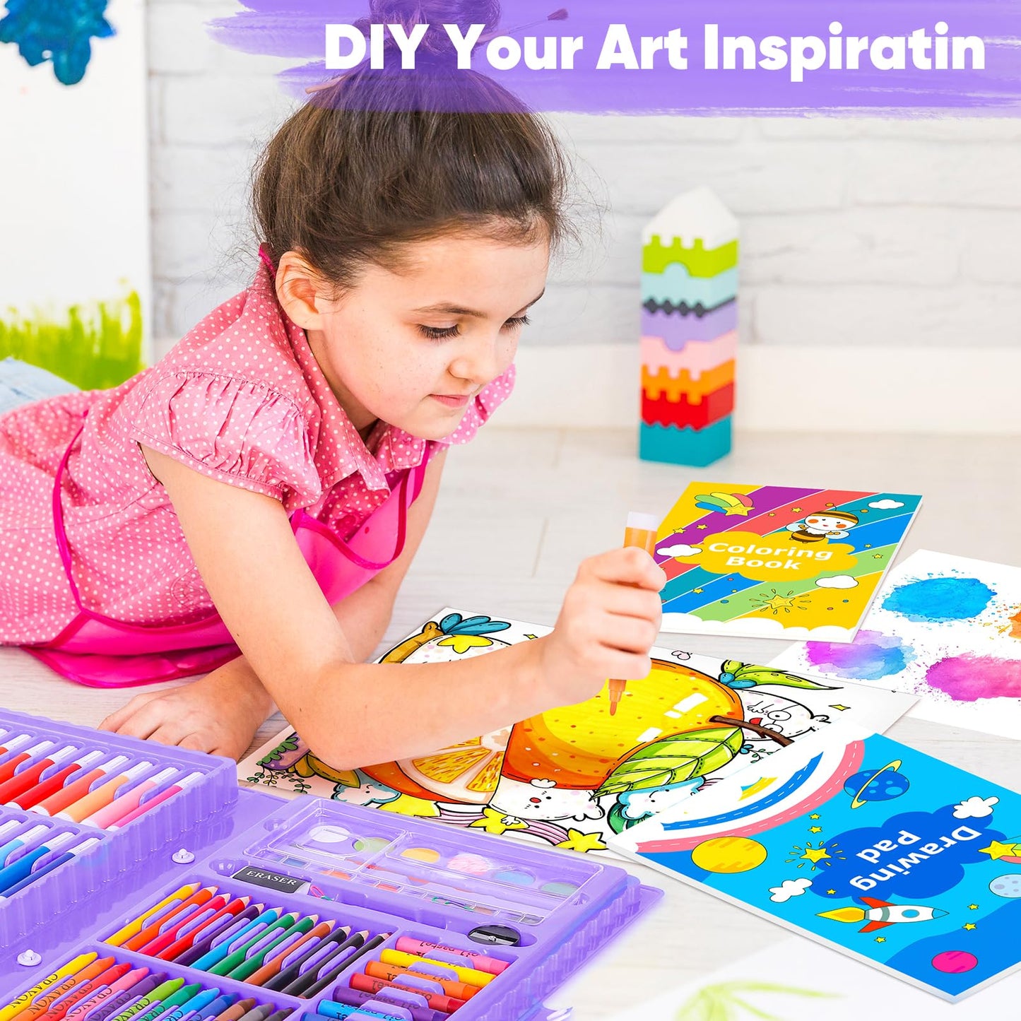 iBayam Art Supplies, 149-Pack Drawing Kit Painting Art Set Art Kits Gifts Box, Arts and Crafts for Kids Girls Boys, with Coloring Book, Crayons, Pastels, Pencils, Watercolor Pens (Pink)