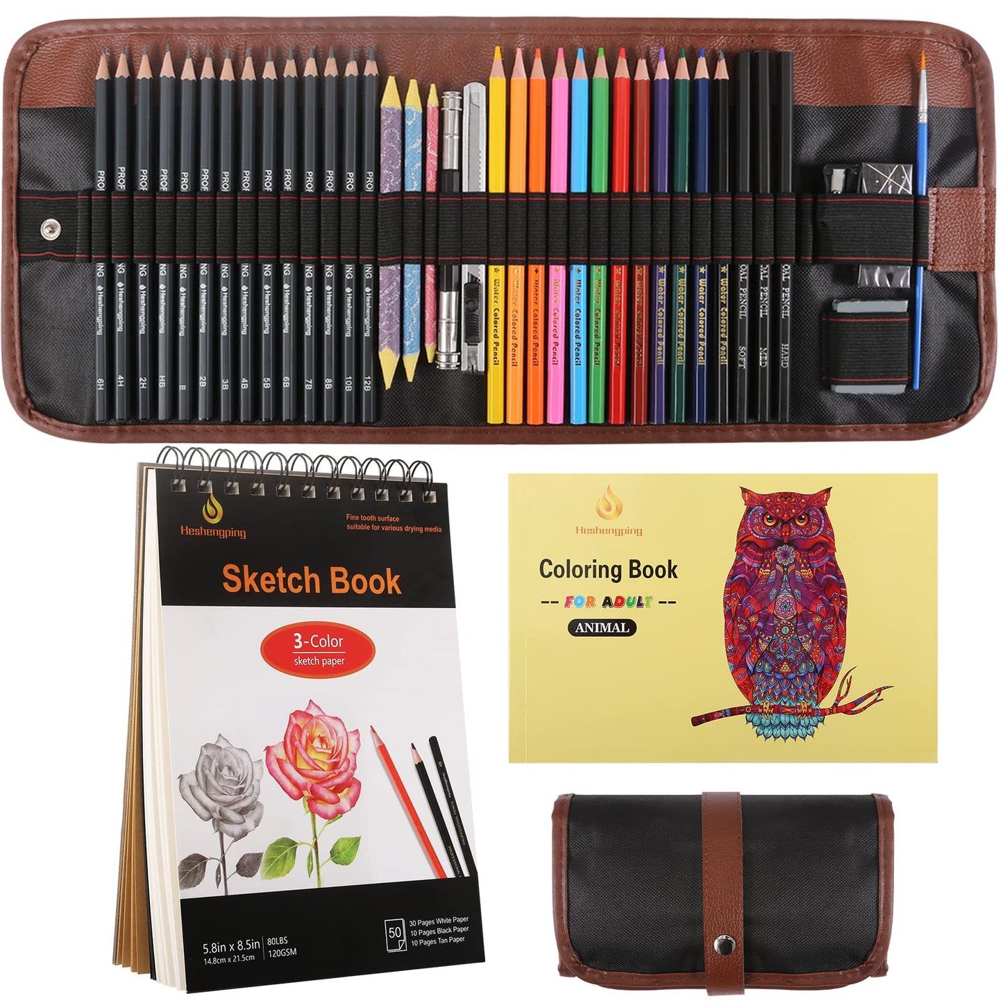 Heshengping, Sketching Pencil Set Drawing Pen Charcoal Sketch Kit Cover Graphite Pencils Charcoal Pencils Watercolor Pencils Paper Erasable Pen Beginners Artist Children and Adults(39pcs Art Supplies)