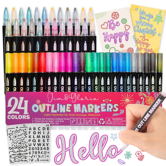 Jim&Gloria Outline Acrylic Paint Markers - Silver Metallic Glitter Permanent Pens Set, DIY Crafts Scrapbook Art Supplies for Kids Ages 6 8 9-12+ Teen Trendy Stuff Girls Gifts Classroom Must Haves