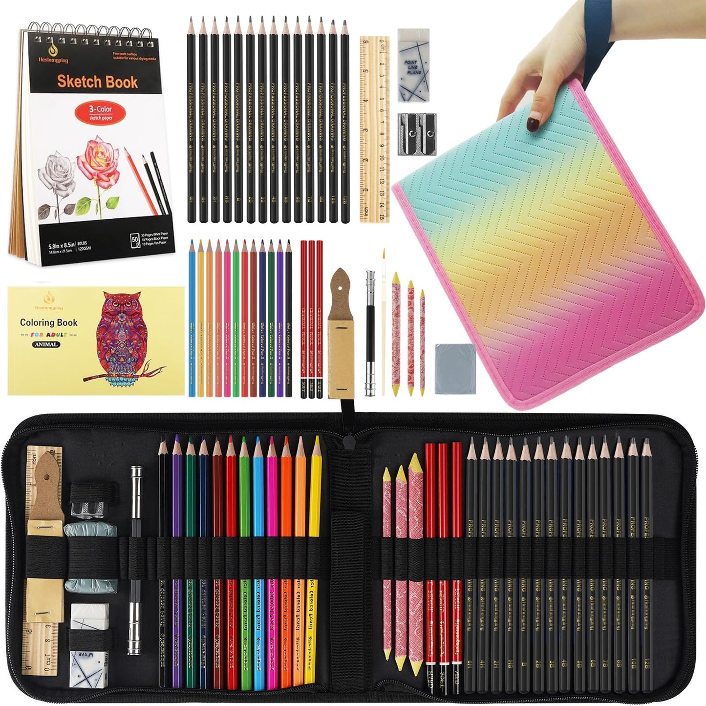 Heshengping, Sketching Pencil Set Drawing Pen Charcoal Sketch Kit Cover Graphite Pencils Charcoal Pencils Watercolor Pencils Paper Erasable Pen Beginners Artist Children and Adults(39pcs Art Supplies)