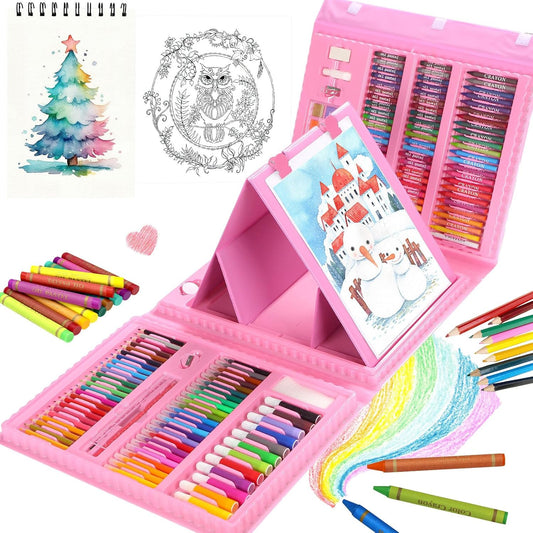 Art Supplies, 208 Pack Drawing Art kit Gifts Art Set for Girls Boys Beginners, Deluxe Art Case Gift with Double Sided Trifold Easel, Oil Pastels, Crayons, Colored Pencils, Watercolor Cakes (Pink)
