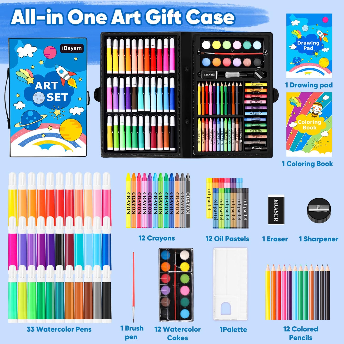 iBayam Art Supplies, 149-Pack Drawing Kit Painting Art Set Art Kits Gifts Box, Arts and Crafts for Kids Girls Boys, with Coloring Book, Crayons, Pastels, Pencils, Watercolor Pens (Pink)