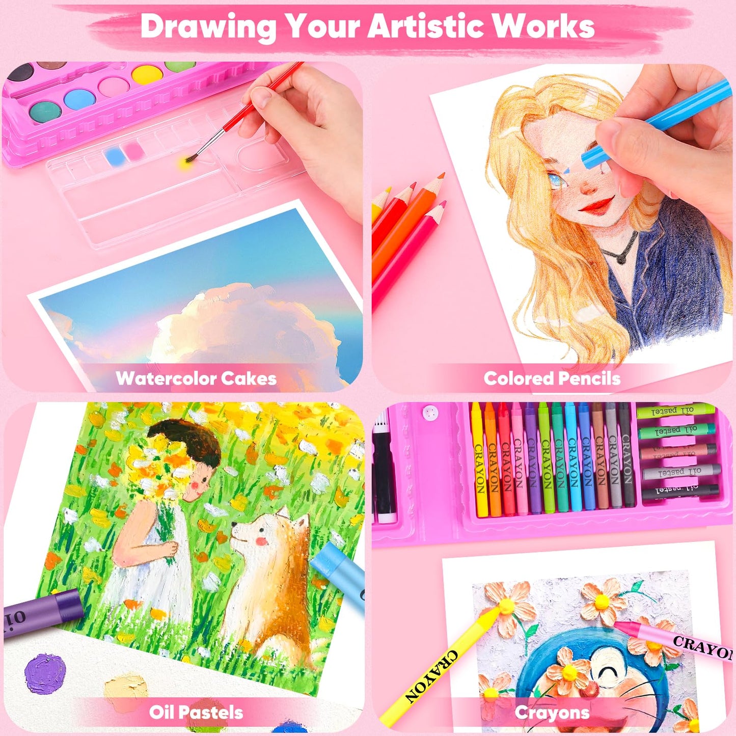 iBayam Art Supplies, 149-Pack Drawing Kit Painting Art Set Art Kits Gifts Box, Arts and Crafts for Kids Girls Boys, with Coloring Book, Crayons, Pastels, Pencils, Watercolor Pens (Pink)