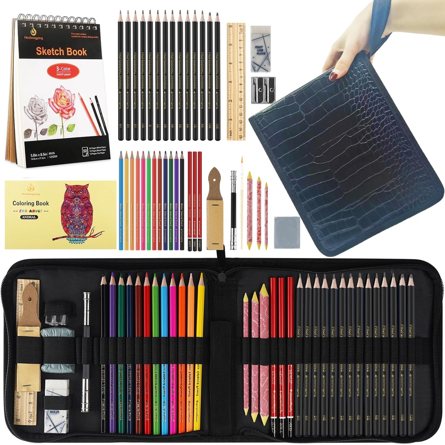 Heshengping, Sketching Pencil Set Drawing Pen Charcoal Sketch Kit Cover Graphite Pencils Charcoal Pencils Watercolor Pencils Paper Erasable Pen Beginners Artist Children and Adults(39pcs Art Supplies)