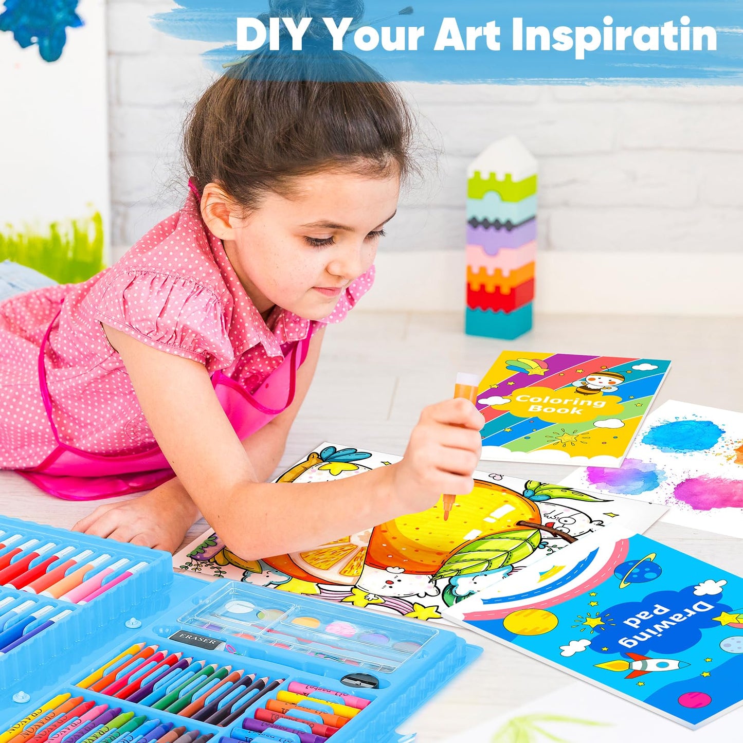 iBayam Art Supplies, 149-Pack Drawing Kit Painting Art Set Art Kits Gifts Box, Arts and Crafts for Kids Girls Boys, with Coloring Book, Crayons, Pastels, Pencils, Watercolor Pens (Pink)