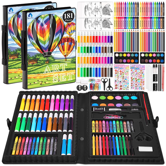 2 Pack Art Kit, Vigorfun Drawing Painting Art Supplies for Kids Girls Boys Teens, Gifts Art Set Case Includes Oil Pastels, Crayons, Colored Pencils, Watercolor Cakes (Black)