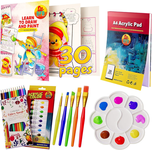 BFB Paint Set for Kids with Learn How to Draw Booklet - 32PCS Painting Supplies Kids Painting Kit, Premium Paint Kit for Children, Kids Paint Set Art and Painting Supplies Canvas Paint Set for Kids 7+