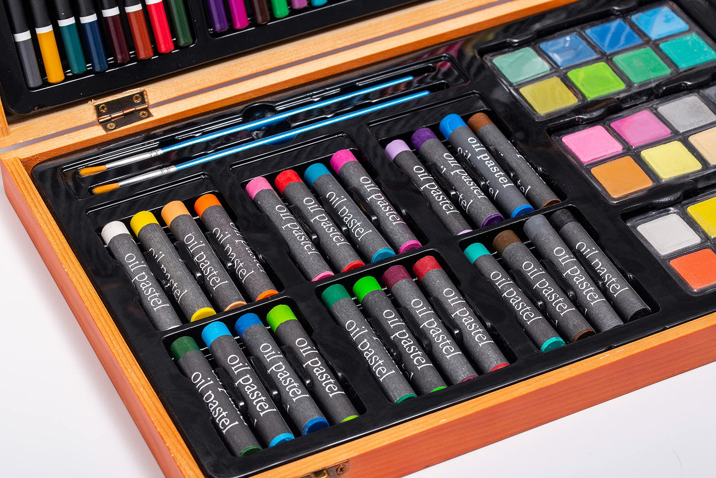 US 80+Piece Deluxe Artist Studio Creativity Set Wood Box Case - Art Painting, Sketching Drawing Set, 24 Watercolor Paint Colors, 24 Oil Pastels, 24 Colored Pencils, 2 Brushes, Starter Kit